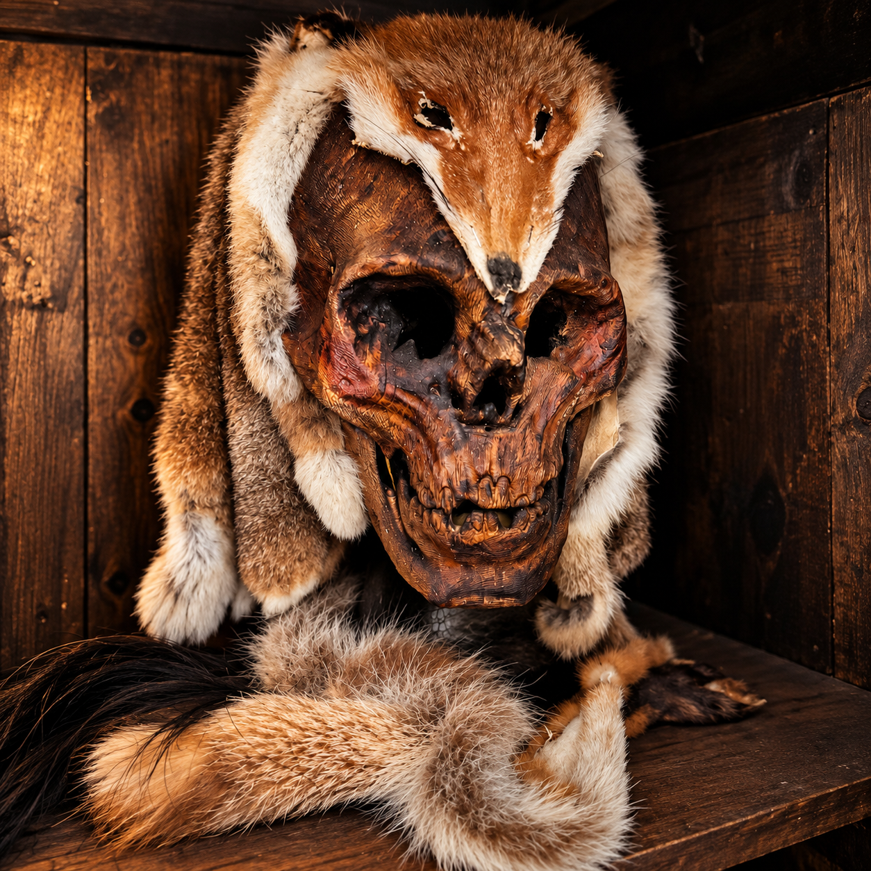 Totenkopf aus Holz mit Fuchsfell – tragbar für Krampuslauf & Perchtenlauf